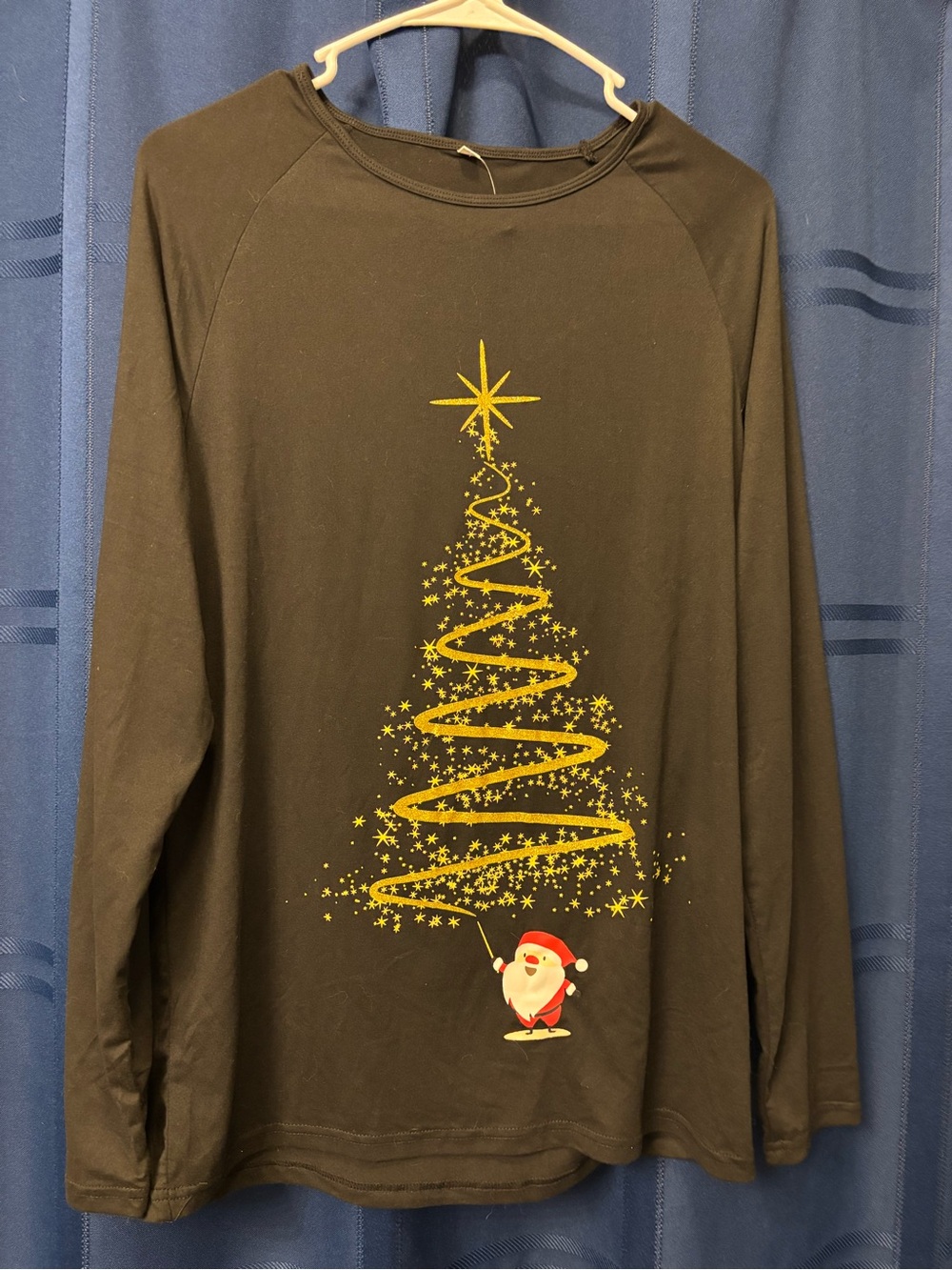 Black Long Sleeve Christmas Pajama Tee with Yellow Tree & Santa